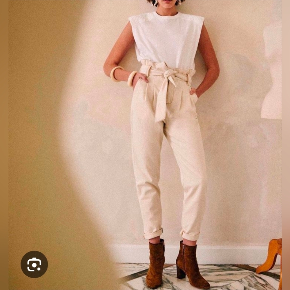 Sezane Cream High-Waisted Denim Trousers